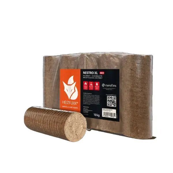 Heizfuxx Nestro XL Rot Holzbriketts Hartholz – 960 kg Palette (96×10 kg), Heizwert ≥4,8 kWh/kg, Rundbriketts