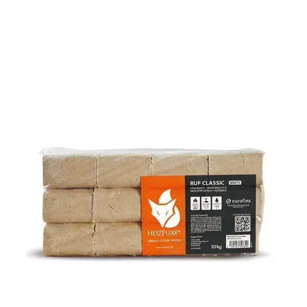 Heizfuxx RUF Classic White Holzbriketts – 960 kg Palette (96×10 kg), Heizwert ≥4,8 kWh/kg, Weißholz, RUF-Form